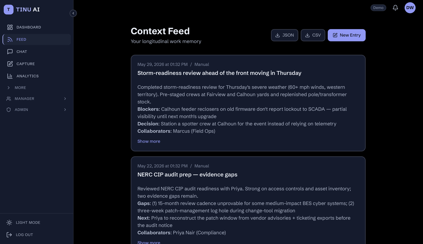 Tinu Context Feed for Meridian Grid Co. — a storm-readiness review and a NERC CIP audit-prep entry.