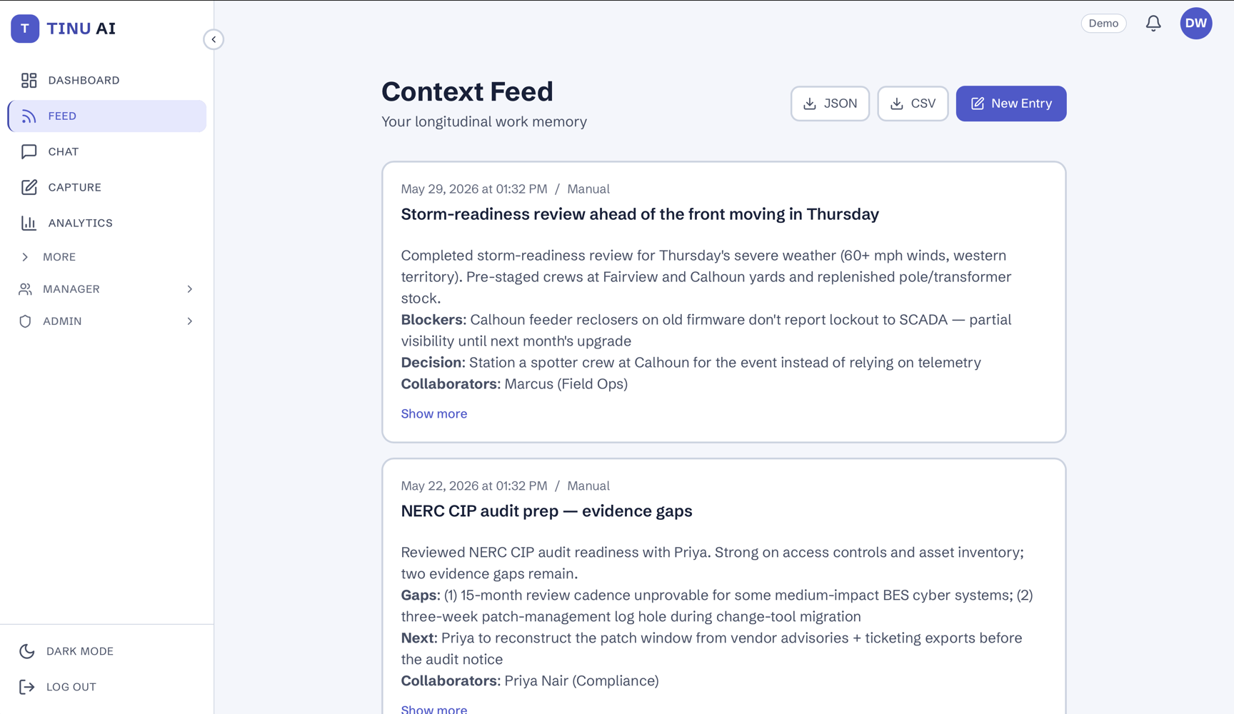 Tinu Context Feed for Meridian Grid Co. — a storm-readiness review and a NERC CIP audit-prep entry.