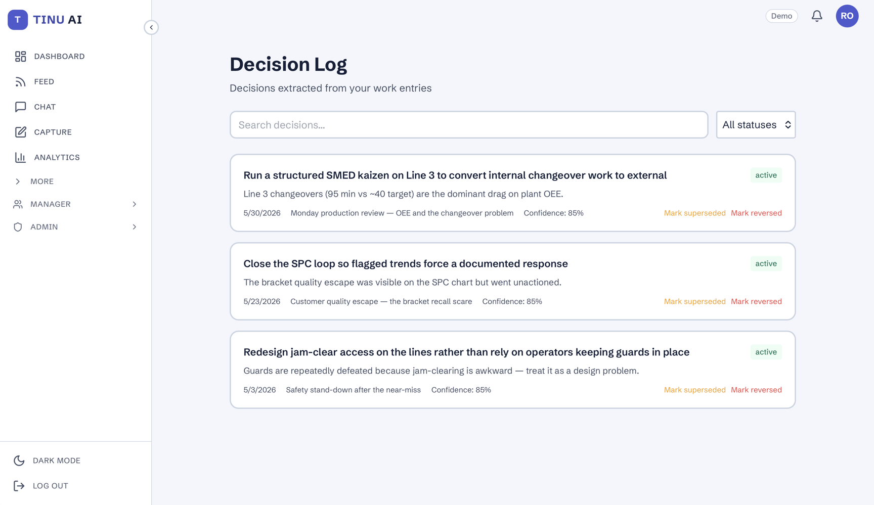 Tinu Decision Log for Forge Industrial — the SMED Line 3 changeover (95 to 62 minutes) and SPC-loop decisions.